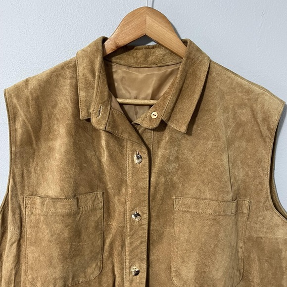 Front Line Vest Womens 14 Tan Suede Leather Button Front Collared Lined Pockets - Picture 3 of 16